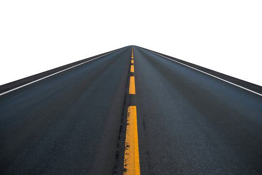 Asphalt road with yellow dividing line isolated on white background