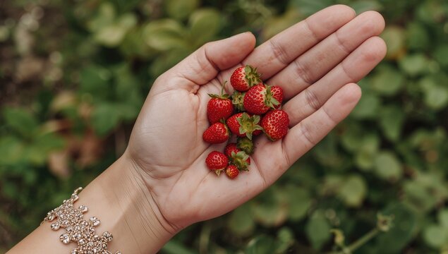 A child's hand holding tiny, juicy red wild strawberries. Gathering fruits during a forest stroll. Allergic reactions possible. Beneficial natural foods. Wild fruit picking. The kid is - Powered by Adobe