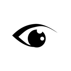 A simple, bold black silhouette icon of a stylized human eye, symbolizing vision, sight, focus, observation, security, media, monitoring, and an abstract representation of attention.