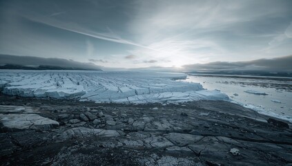 Arctic scenery showing the impact of global warming on ice cap reduction and shrinking polar ice