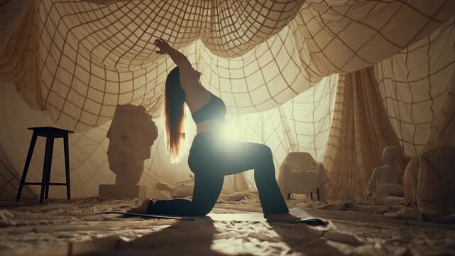Fitness and yoga for be healthy and active, young overweight woman training. Silhouette of graceful lady in sportswear against bright sun or soffit in studio, physical exercise for stay beautiful