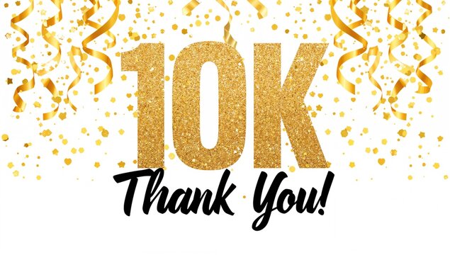Celebrating 10,000 followers milestone with golden confetti and gratitude message on a white backdrop.