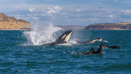 Fototapeta premium Marine predators pursuing prey near the shore with splashing water