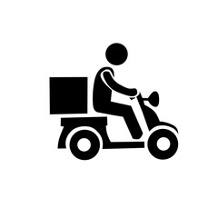 A black silhouette icon of a delivery driver riding a scooter or moped with a cargo box, symbolizing fast food delivery, courier service, urban logistics, and quick transportation.