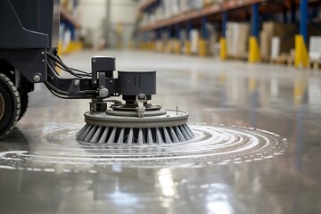 Industrial floor scrubber machine with rotating brushes cleaning a large concrete warehouse floor with foamy detergent solution creating circular patterns