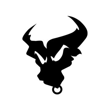 A fierce black silhouette logo of a bull or ox head with large horns and a nose ring, symbolizing strength, power, aggression, finance, and determination, often used for mascots or brands.