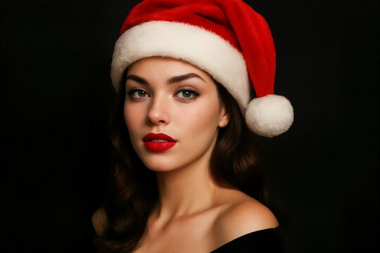 Classic Christmas portrait of beautiful woman in red Santa hat, festive makeup and elegant pose on black background.