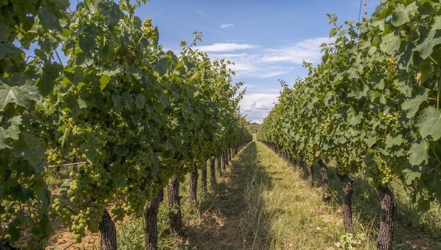 Grape picking season in vineyards producing white wine, featuring mature ugni blanc grapes for distilling strong spirits
