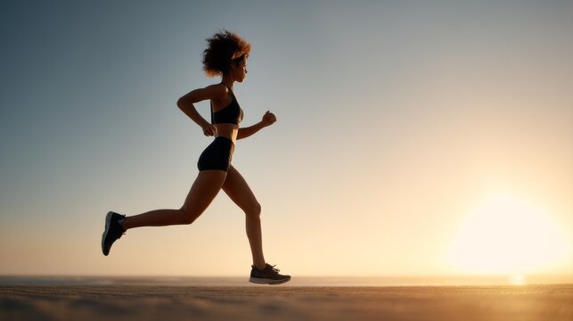 An athletic woman jogs gracefully along the California beach as the sun sets, casting a warm glow. The serene atmosphere enhances her invigorating workout experience by the ocean
