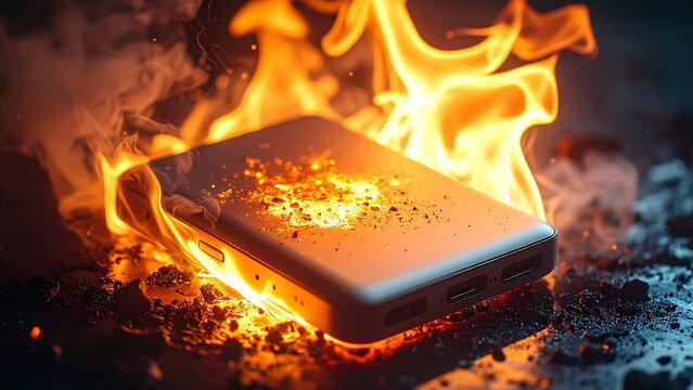 危険なモバイルバッテリーの発煙事故 16:9サイズ AI生成素材