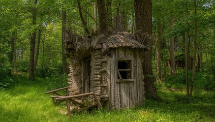 Cozy wooden cabin crafted from a tree trunk nestled in a lush green forest clearing with a detailed shingle roof during summer