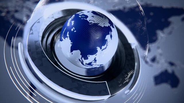 Breaking News Globe Rotating Digital Earth with Futuristic HUD Elements and Particle Glow