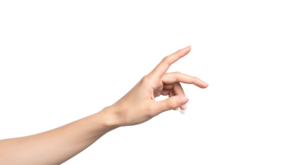 A light-skinned female hand is angled, fingers extended, against a solid black background, nails with delicate white tips