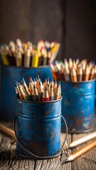 Colorful pencils stand in blue metal containers on weathered wood surface, rustic feel