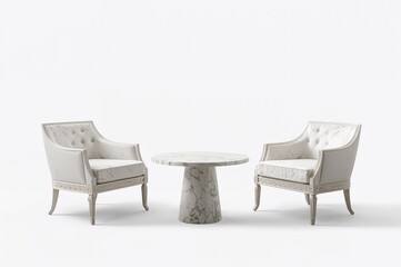 Fototapeta premium Marble tables and white chairs set against a plain white backdrop with clipping path.