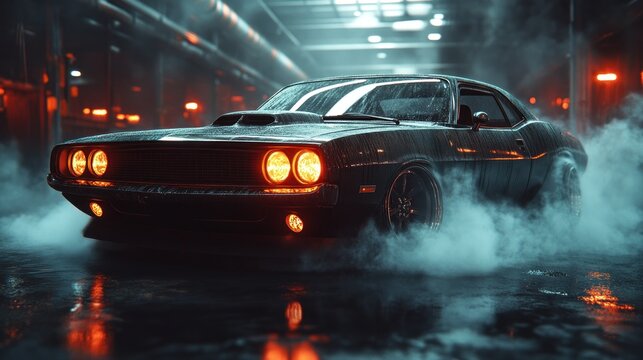 Dark, vintage muscle car in a wet, urban garage