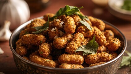 Spiced Peanuts Fried with Garlic and Curry Leaves in a Bowl