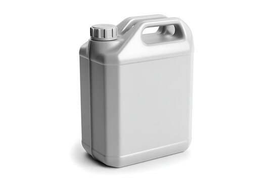 A white plastic jerrycan with a handle and screw cap, isolated on white background