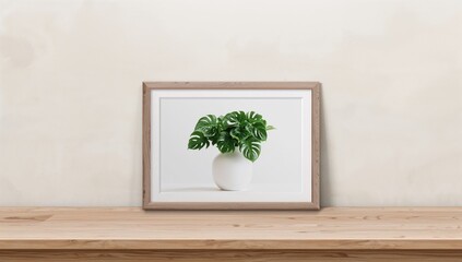 White vase with green plant on table beside horizontal wooden frame against a bright wall. Mockup.