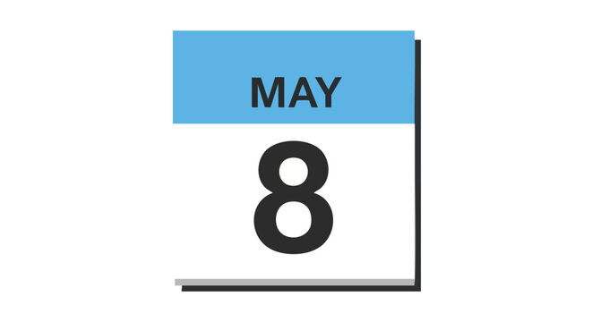 Illustration of a calendar page showing the date May 8th with simplistic and clear graphic design elements in pastel colors for editorial use