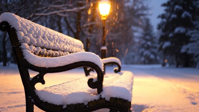 Snowy park bench at night &mdash; cozy winter streetlight scene
