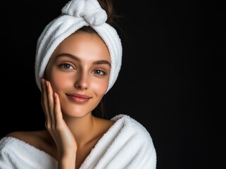 Obraz premium A young white woman in a towel and a bathrobe touches her cheek. Beauty portrait on a black background, skin care, studio light.