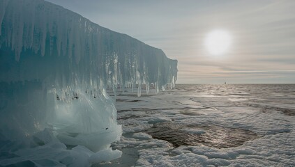 Frozen ship decks and structures coated with ice after a stormy voyage in cold conditions over the ocean.