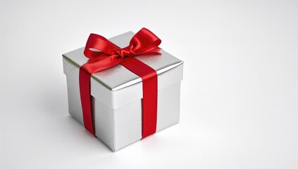 Fototapeta premium White background featuring a silver present wrapped with a red bow