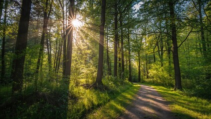 Fototapeta premium Radiant morning light filtering through lush woodland trail on a peaceful summer day