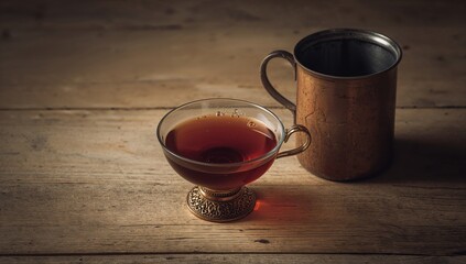 Warm beverage served in a metal cup with wooden background