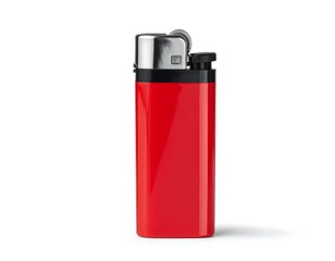 A close-up studio shot of a shiny, rectangular, red lighter on a plain white background