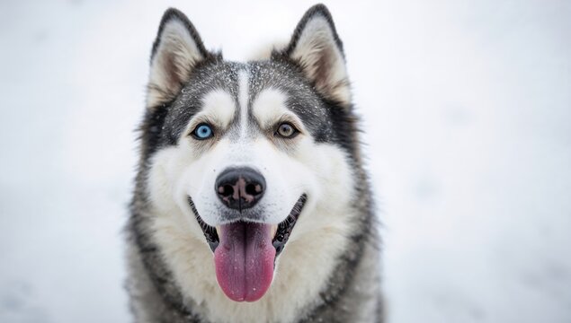 Close-up of a joyful husky with heterochromia in a snowy setting