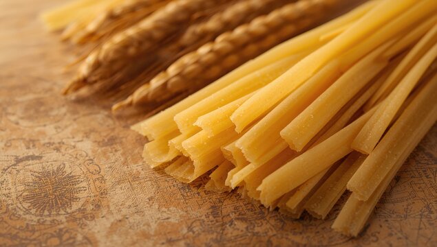 Close-up of uncooked pasta on an old rustic surface, showcasing texture and kitchen vibes