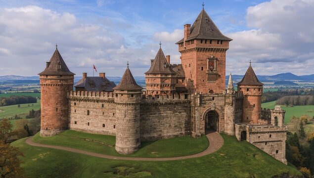 Ancient stone fortress with red walls in a fantasy setting