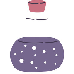 Simple cartoon illustration of a purple potion bottle with white bubbles and a pink cap on a transparent background