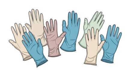 Obraz premium Arrangement of Multicolored Rubber Gloves Against White Backdrop Depicting Healthcare Medical Protection Concepts