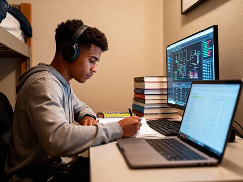 Diverse student wearing headphones working on a complex digital assignment with multiple screens.