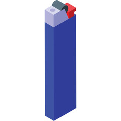 Simple blue and white disposable lighter with red and grey top detail isolated on transparent background with isometric perspective