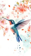 Obraz premium Hummingbird hovering near pink cherry blossoms in watercolor style flight flying photo