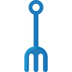 Simple blue icon of a garden fork tool with three tines and a circular handle on a plain white background representing agricultural equipment and gardening supplies