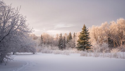 Fototapeta premium Snow-covered forest scene in winter