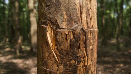 Close-up of the rough bark on a cut Silk rubber tree trunk