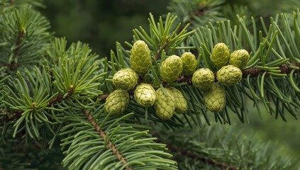 A photo featuring a conifer branch with lush green needles and several pale green cones at different developmental phases. The cones have a cylindrical shape.