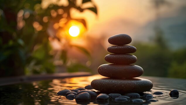Pile of balanced stones during a tranquil sunset creating a sense of calm and unity.