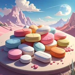 Colorful pills piled on a platform with a desert landscape and a large moon in the background