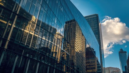 Sunlit reflective glass panes on a contemporary angular structure