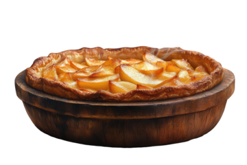 Freshly baked apple pie with golden crust and warm apple slices resting in a wooden bowl on a clean surface