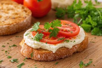 Toast topped with creamy cheese, fresh herbs, and sliced tomatoes on a rustic wooden surface
