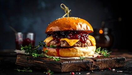 Dark elegant shot of brie‑topped burger with jam, cheese melt