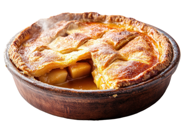 Freshly baked apple pie with golden crust and warm apple slices resting in a wooden bowl on a clean surface